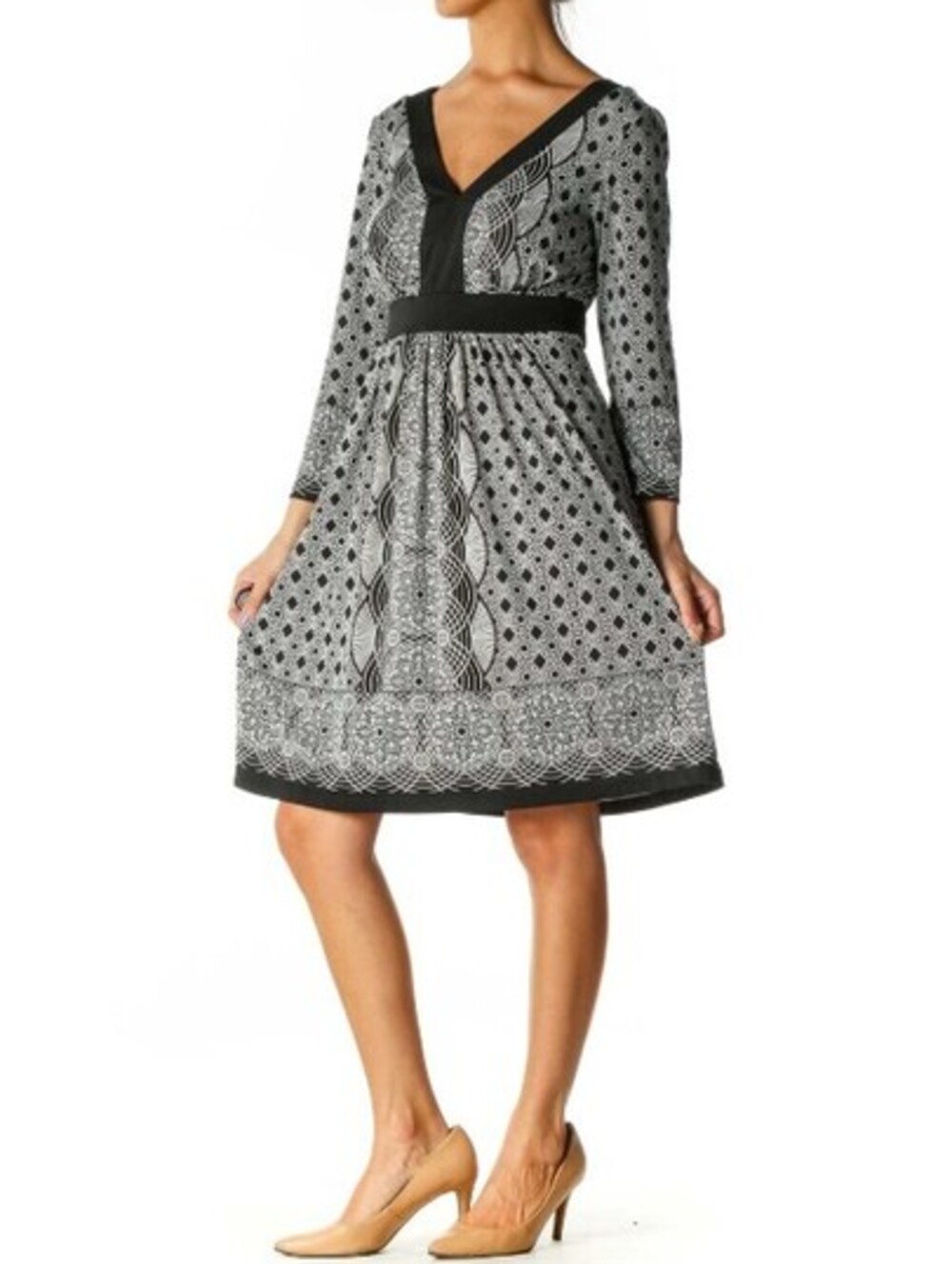 ECI New York Womens Small S V-Neck Empire Waist Tie A-Line Dress Black White